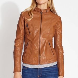 Genuine 100% Leather Bernardo Belted Collar Moto Jacket - Camel / Tan